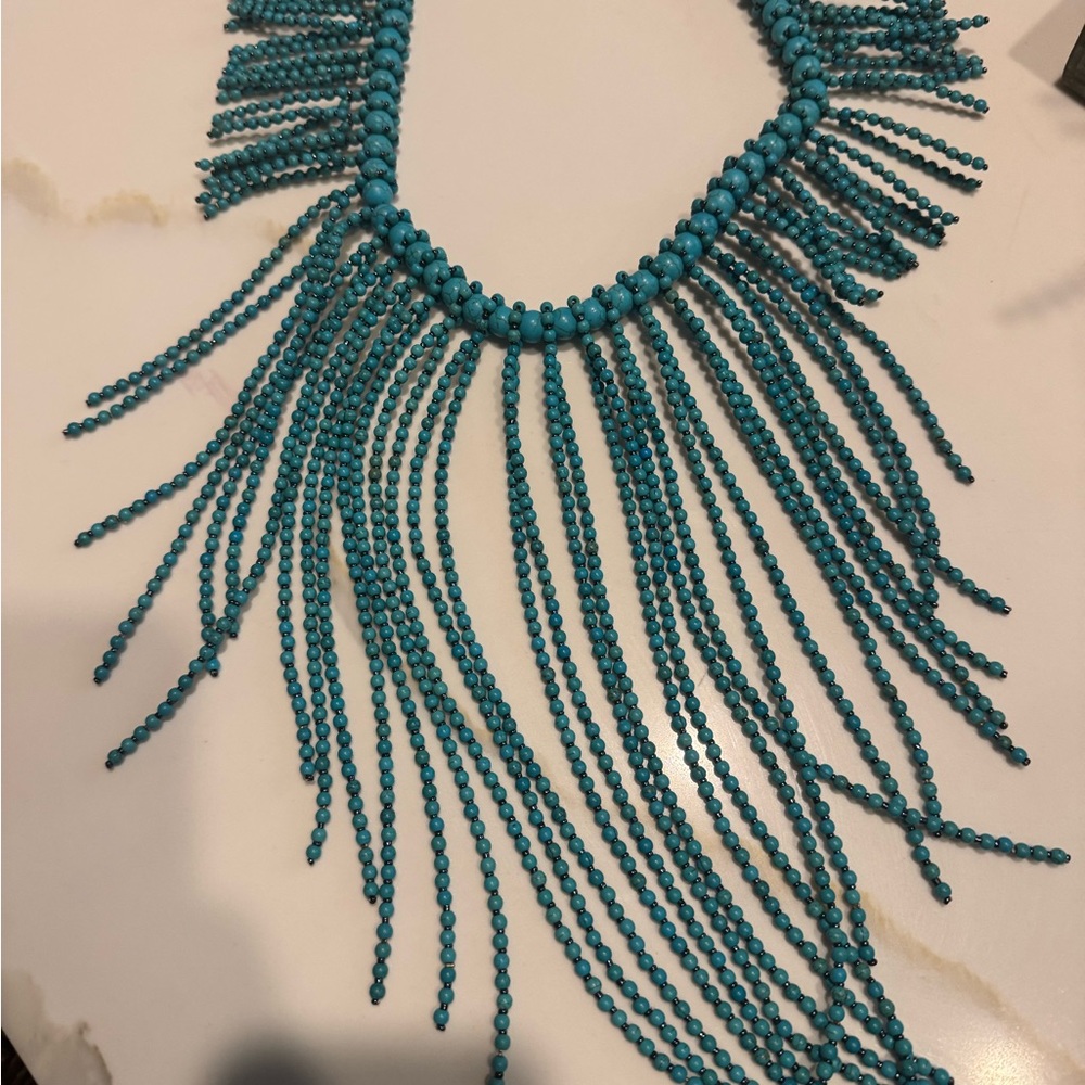 Anthropologie Blue Cascading Fringe Necklace